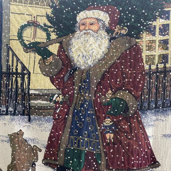 Santa Claus Tree & Dog Christmas Tapestry Throw Blanket 53” x48”Vintage USA Made - Picture 2 of 9